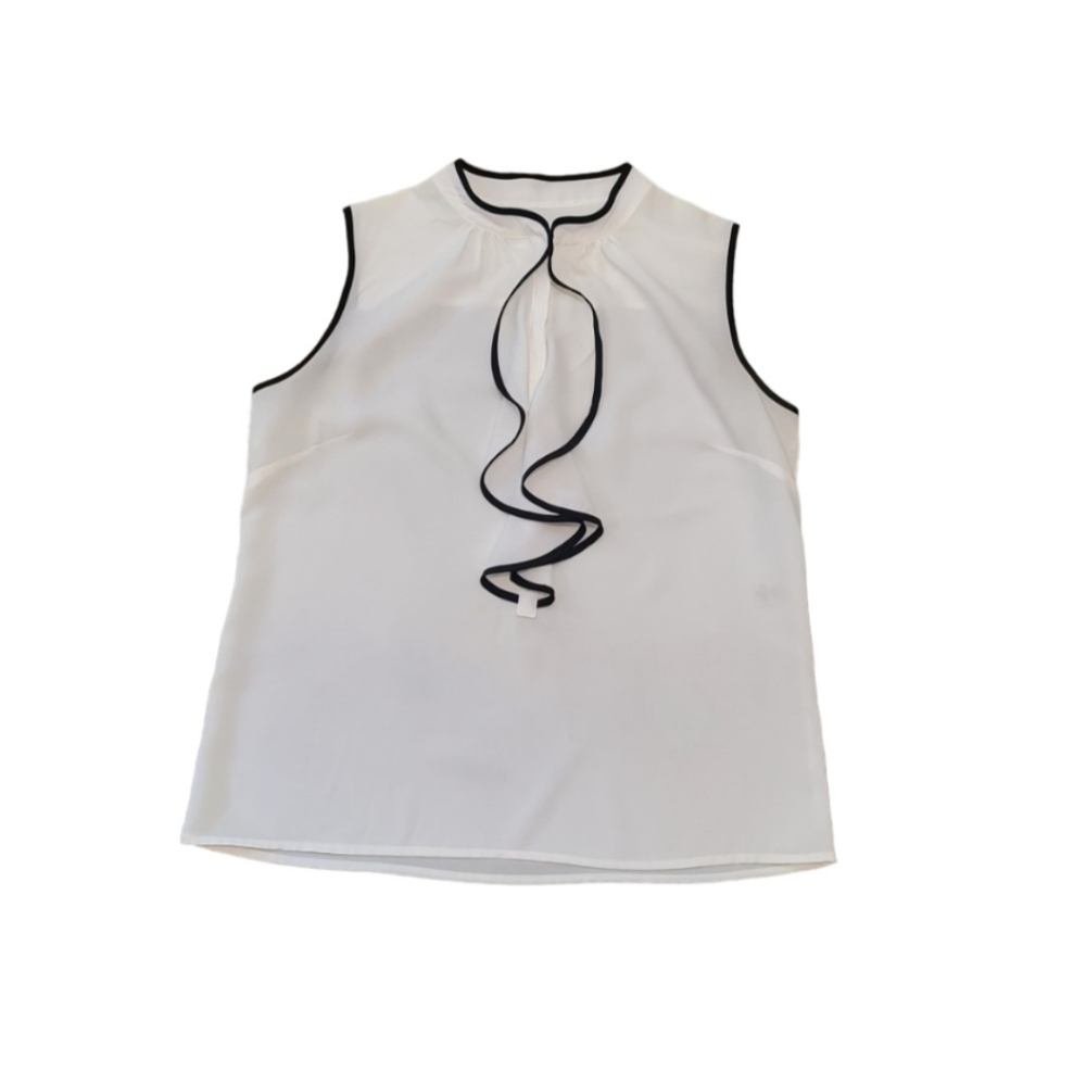 Calvin Klein Sleeveless Ruffle Front Blouse Size M White Black - Picture 2 of 9